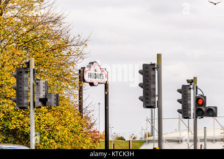 Northampton UK October 29, 2017: Fridays Restaurant logo sign in Sixfields Retail Park. Stock Photo