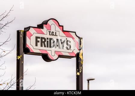 Northampton UK October 29, 2017: Fridays Restaurant logo sign in Sixfields Retail Park. Stock Photo