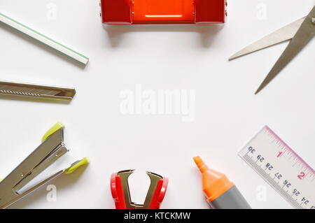 variety stationary arranging on white paper Stock Photo