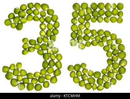 Arabic numeral 35, thirty five, from green peas, isolated on white background Stock Photo