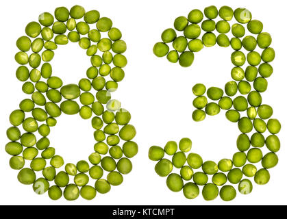 Arabic numeral 83, eighty three, from green peas, isolated on white background Stock Photo