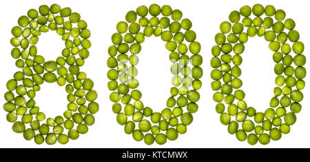 Arabic numeral 800, eight hundred, from green peas, isolated on white background Stock Photo