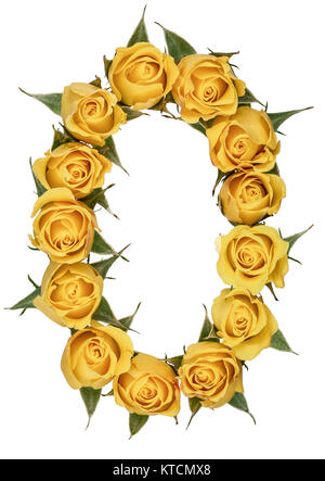 Arabic numeral 0, zero, from yellow flowers of rose, isolated on white background Stock Photo