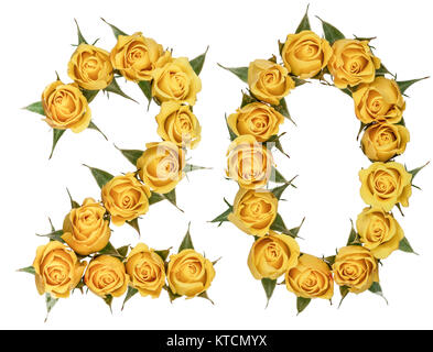 Arabic numeral 20, twenty, from yellow flowers of rose, isolated on white background Stock Photo