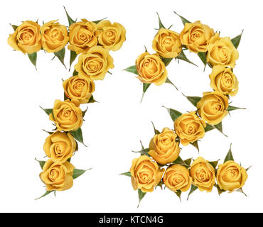 Arabic numeral 72, seventy two, from yellow flowers of rose, isolated on white background Stock Photo