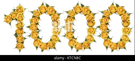 Arabic numeral 1000, one thousand, from yellow flowers of rose, isolated on white background Stock Photo