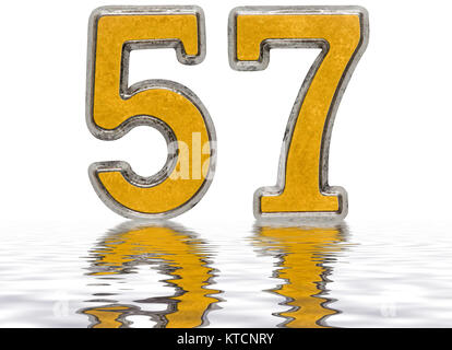 Numeral 57, fifty seven, reflected on the water surface, isolated on white, 3d render Stock Photo