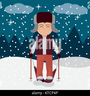 Cute Skiing Boy Dressed in Winter Clothes - Stock Illustration