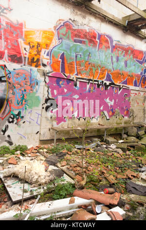 street art paintings over a derelict building in London, england, uk, europe Stock Photo