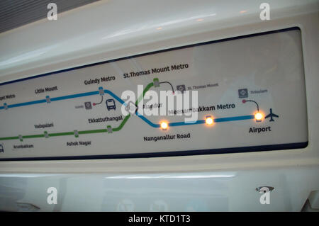 Chennai Metro Rail showing the airport map and light indicating the stations about to be covered Stock Photo