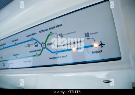 Chennai Metro Rail showing the airport map and light indicating the stations about to be covered Stock Photo