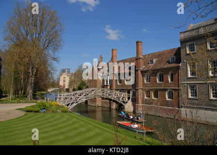 Cambridge, United Kingdom - April 18, 2015: Punting boat at the Mathematical bridge Stock Photo