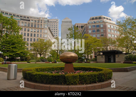 London, United Kingdom - April 25, 2015: Westferry Circus and One Canada Square in Canary Wharf Stock Photo