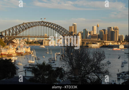 Sydney, Australia - July 4, 2016: Ships in Lavender Bay and Harbour Bridge Stock Photo