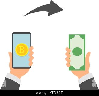 Bitcoin Exchange. Exchange of digital currency bitcoin and dollar. Modern finance economic, cryptocurrency concept. Vector Stock Vector