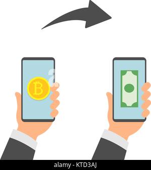 Flat modern design concept of cryptocurrency technology, bitcoin exchange, bitcoin mining, mobile banking. Hand holding mobile phone with bitcoin and dollars in the hand. Stock Vector