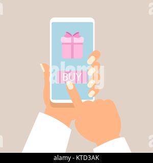 Gift app page on smartphone screen, with man hands holding the phone. vector Stock Vector