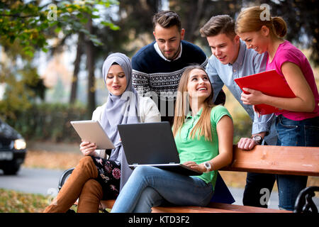 Group of young people using laptop and tablet on a park bench, having fun, talking, hanging out Stock Photo