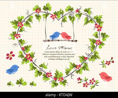 Botanic nature garden green leaf spiral vine flower frame cute love bird set Stock Vector