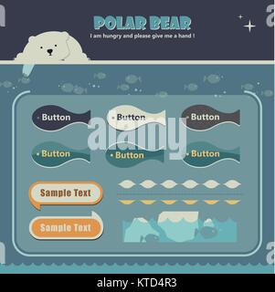 Webpage template of polar bear theme and fish pattern buttons. Stock Vector