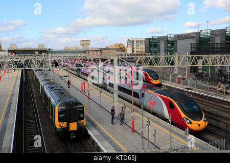 Virgin Trains Pendalino units, Stafford railway station, Staffordshire, England, UK Stock Photo