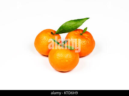On a white background, three orange ripe mandarins with green leaves close-up Stock Photo
