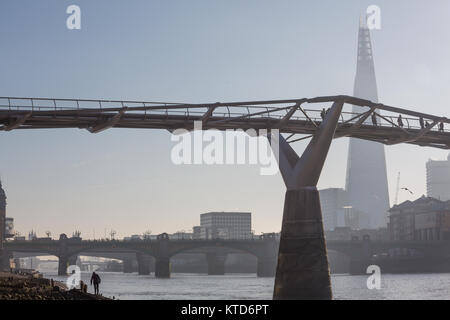 Millennium Bridge, The Shard and the Thames Foreshore Stock Photo