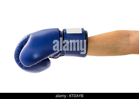 Female hand wearing boxing glove hitting forward or showing isolated on white background with clipping path. Blue boxing glove usually used in trainin Stock Photo