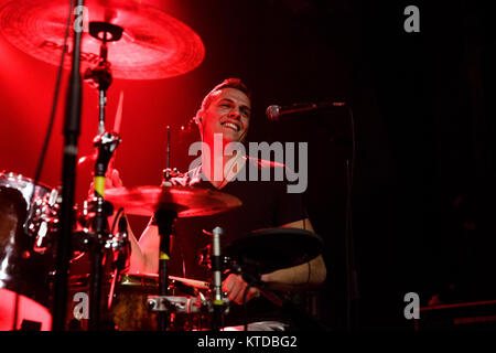 The German indie-rock and funk band Pool performs a live concert at Vega in Copenhagen. Here drummer Daniel Husten is seen live on stage. Denmark, 15/10 2014. Stock Photo