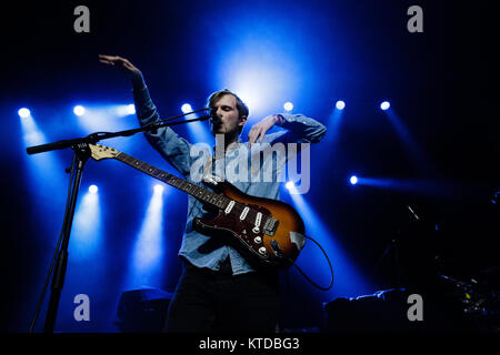 The German indie-rock and funk band Pool performs a live concert at Vega in Copenhagen. Here singer and musician David Stoltzenberg is seen live on stage. Denmark, 15/10 2014. Stock Photo