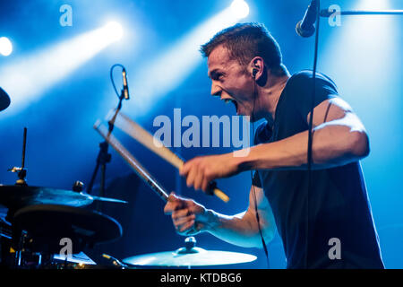 The German indie-rock and funk band Pool performs a live concert at Vega in Copenhagen. Here drummer Daniel Husten is seen live on stage. Denmark, 15/10 2014. Stock Photo