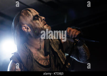 The Irish extreme metal band Primordial performs a live concert at VEGA in Copenhagen. Here vocalist Alan “Nemtheanga” Averill is seen live on stage. Denmark, 24/09 2016. Stock Photo