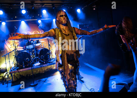 The Irish extreme metal band Primordial performs a live concert at VEGA in Copenhagen. Here vocalist Alan “Nemtheanga” Averill is seen live on stage. Denmark, 24/09 2016. Stock Photo