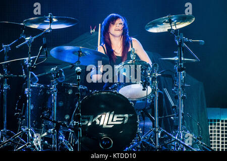 The American Christian rock band Skillet performs a live concert at Forum in Copenhagen. Here drummer Jen Ledger is seen live on stage. Denmark, 13/11 2013. Stock Photo