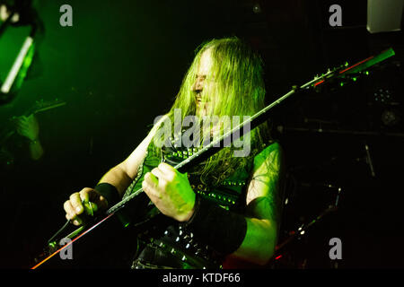 The Polish death metal band Vader performs a live concert at Loppen in Copenhagen. Here vocalist and guitarist Piotr Wiwczarek seen live on stage. Denmark, 05/10 2015 Stock Photo