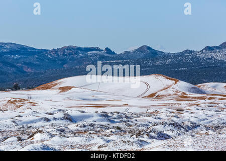 Dune landscape after a spring snowfall, with ATV tracks, in Coral Pink Sand Dunes State Park, Utah, USA Stock Photo