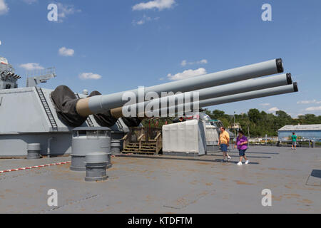 The 16-inch aft gun Battery on the USS New Jersey Iowa Class Battleship, Delaware River, New Jersey, United States. Stock Photo
