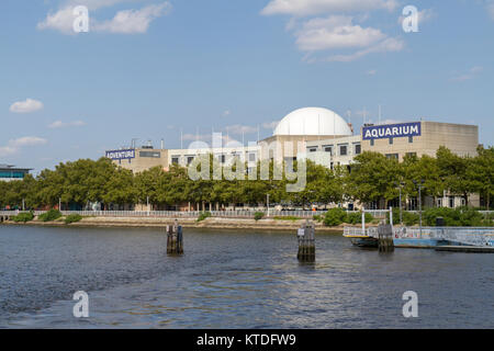 The Adventure Aquarium, (formerly the New Jersey State Aquarium) viewed from the Delaware River Riverlink  ferry in Camden, New Jersey, United States. Stock Photo