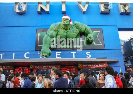LOS ANGELES, CALIFORNIA, USA, DECEMBER 25, 2006 - Some people line up at the cinema box office inside Universal Studios of Hollywood. Stock Photo