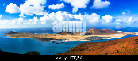 Impressive  volcanic landscape,view from Mirador del Rio,Lanzarote island,Spain. Stock Photo