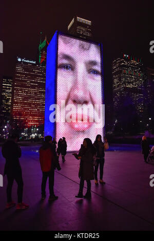 Chicago, USA.  21 December 2017.  Crown Fountain, an interactive sculpture and video installation in Millennium Park is seen at night.  Designed by Ja Stock Photo