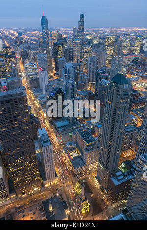 Chicago, USA.  21 December 2017.  Downtown Chicago is seen at twilight on the evening of the winter solstice.  The city is home to many skyscrapers.   Stock Photo