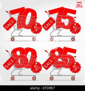 Realistic Vector Supermarket Cart with 3D Sale Percentage Numbers Stock Vector
