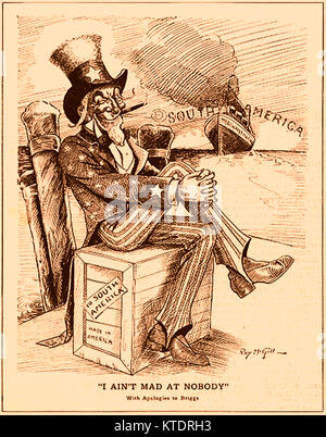 UNCLE SAM political cartoon by Ray McGill - The personification of America. Ready to emigrate to Argentina, South America at the start of the first World War Stock Photo