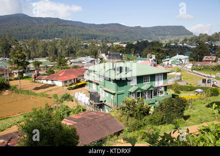 View over the town of Nuwara Eliya, Central Province, Sri Lanka farmland in foreground Stock Photo