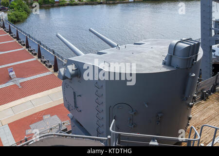 5-inch Secondary Battery on the USS New Jersey Iowa Class Battleship, Delaware River, New Jersey, United States. Stock Photo