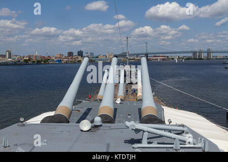 View over 16-inch Main Gun Battery on the forward deck on the USS New Jersey Iowa Class Battleship, Delaware River, New Jersey, United States. Stock Photo