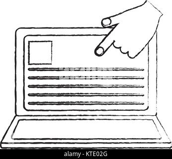 laptop with hand and document on screen computer icon image vector illustration design  black sketch line Stock Vector