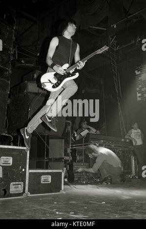 Johnny Ramone, lead guitarist in The Ramones, at the Lyceum in London, 27 February 1985...The Ramones were the foremost US punk band of the 70's Stock Photo