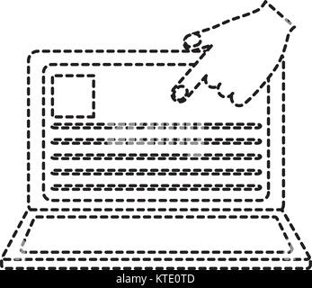 laptop with hand and document on screen computer icon image vector illustration design  black dotted line Stock Vector